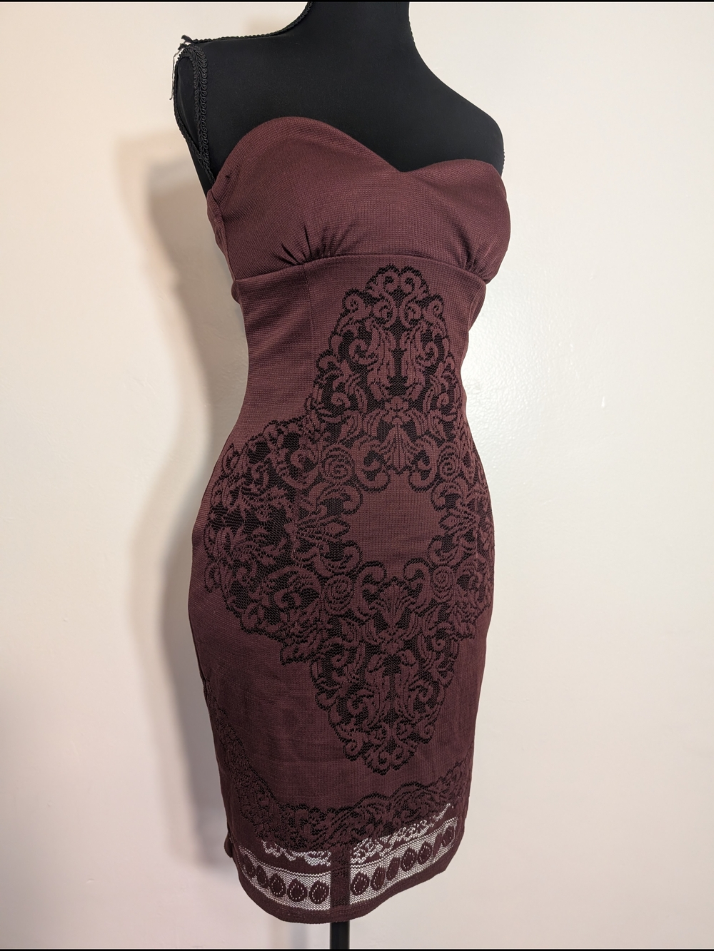 Mystic Strapless Burgundy Dress with Black Lace Motif